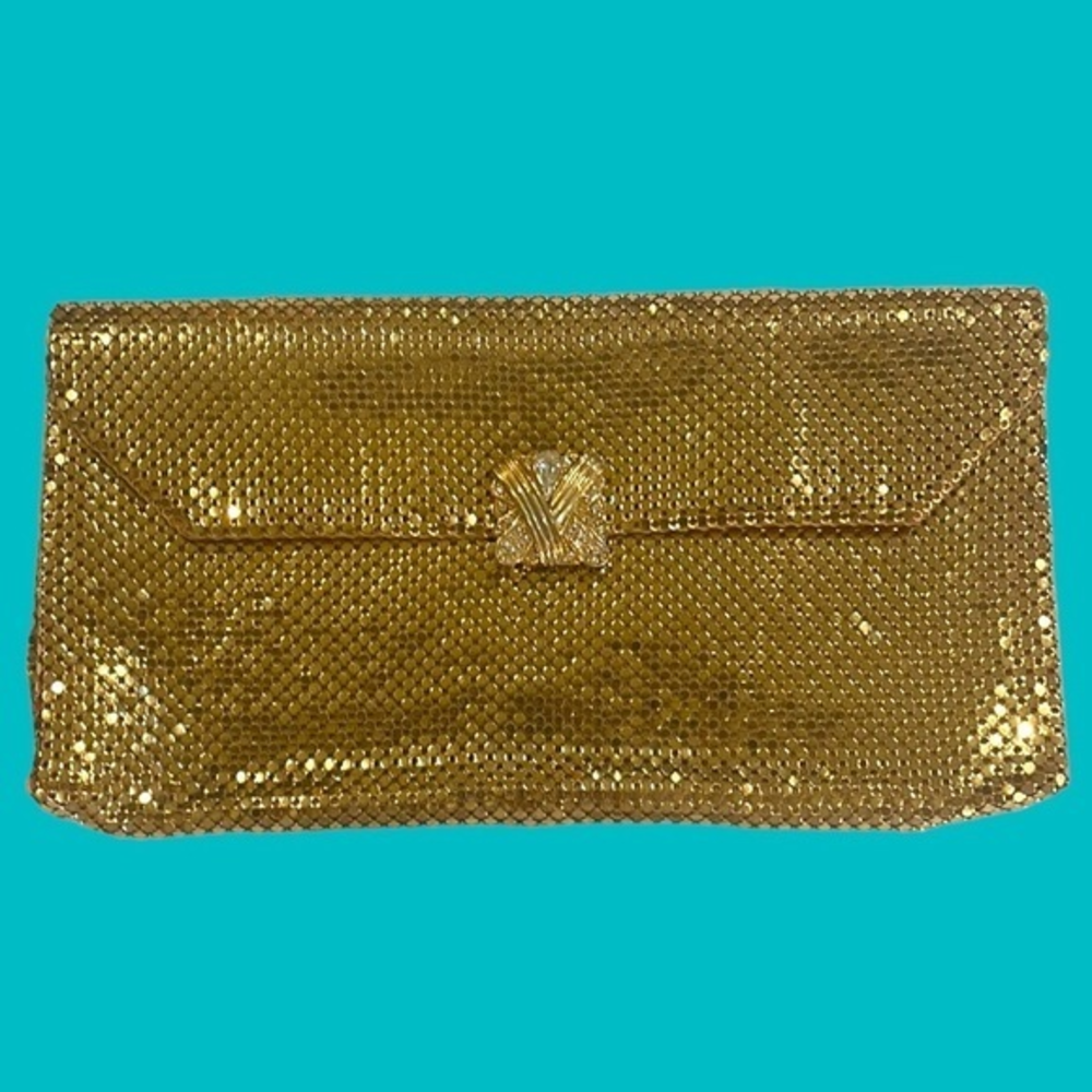 MESH WHITENING & DAVIS‎ BAGS Gold Mesh Clutch Bag With Rhinestone.